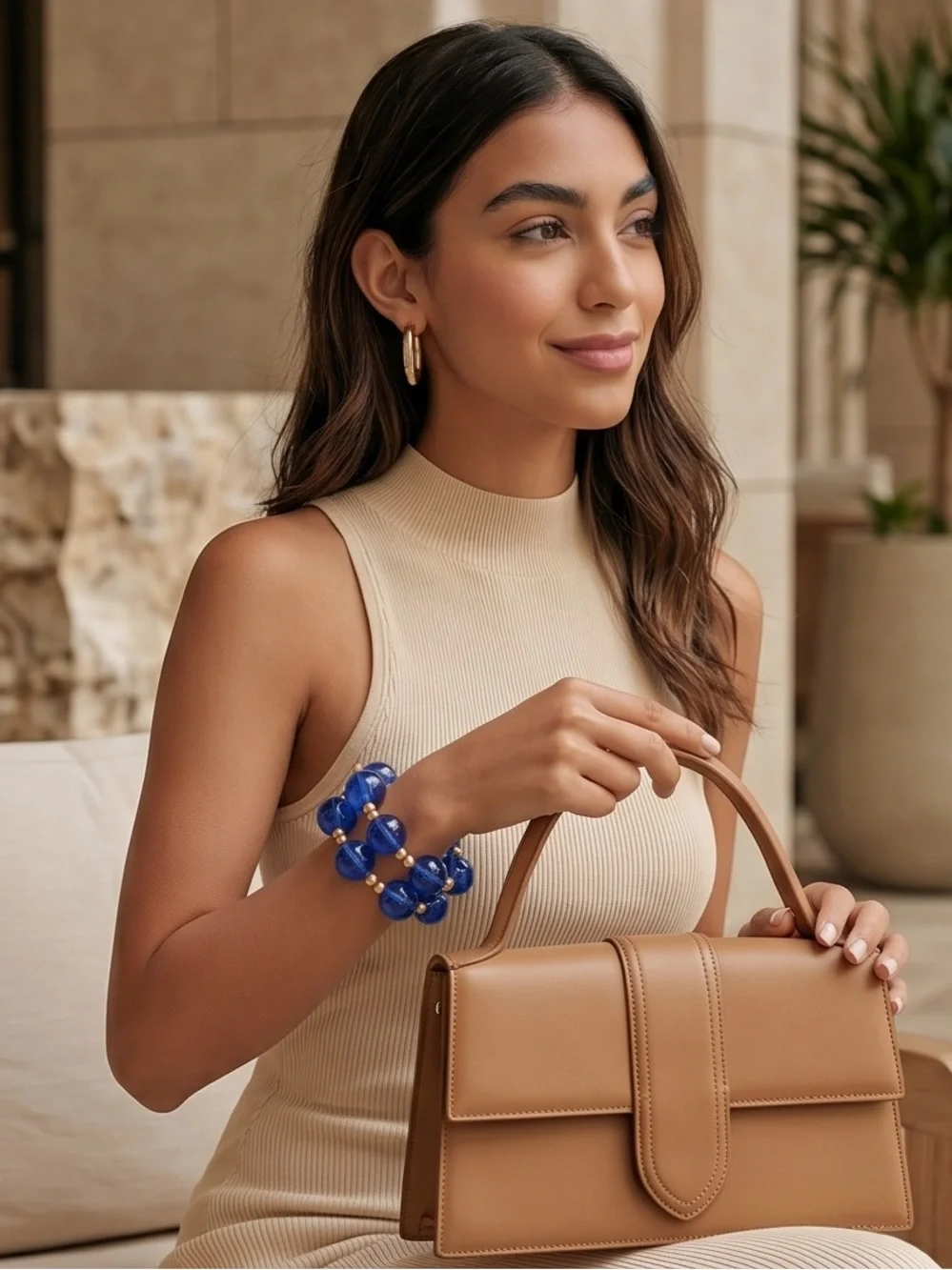 Bold Royal Blue Beaded Necklace  and Bracelets  Set with Gold Cross Pendant - Picture 5 of 5